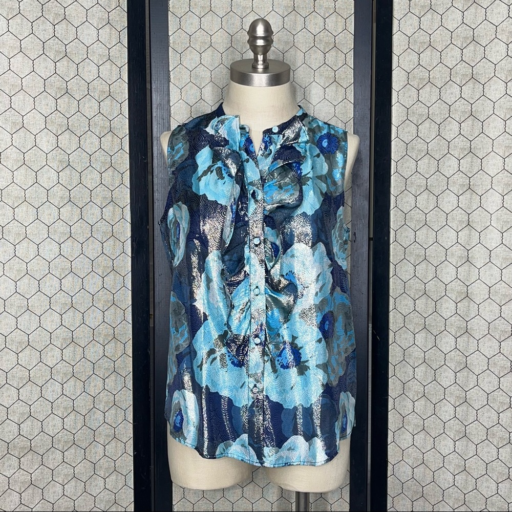 J. Crew Metallic Floral Print Sleeveless Ruffle Front Button Down Blouse